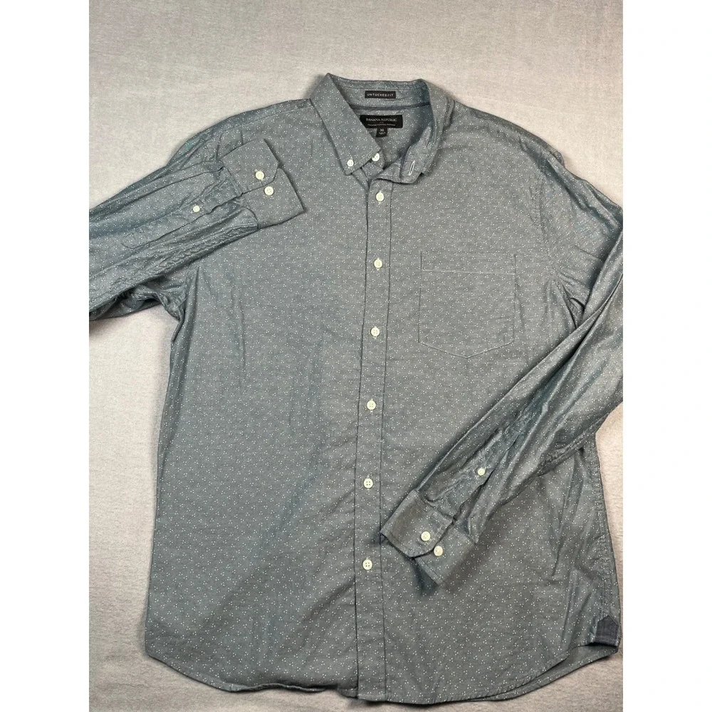 Banana Republic Untucked Fit Organic‎ Cotton Oxford Shirt Blue WhiteDot XL